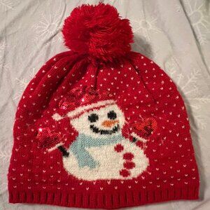 David &‎ Young Snowman Knit Beanie Hat Pom Pom Red Holiday Winter One Size